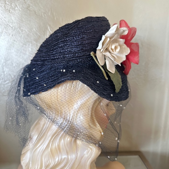 IRRESISTIBLE 1930s\' NAVY STRAW TILT HAT - WHITE & RED FABRIC FLOWERS + NAVY DOTS main image 12